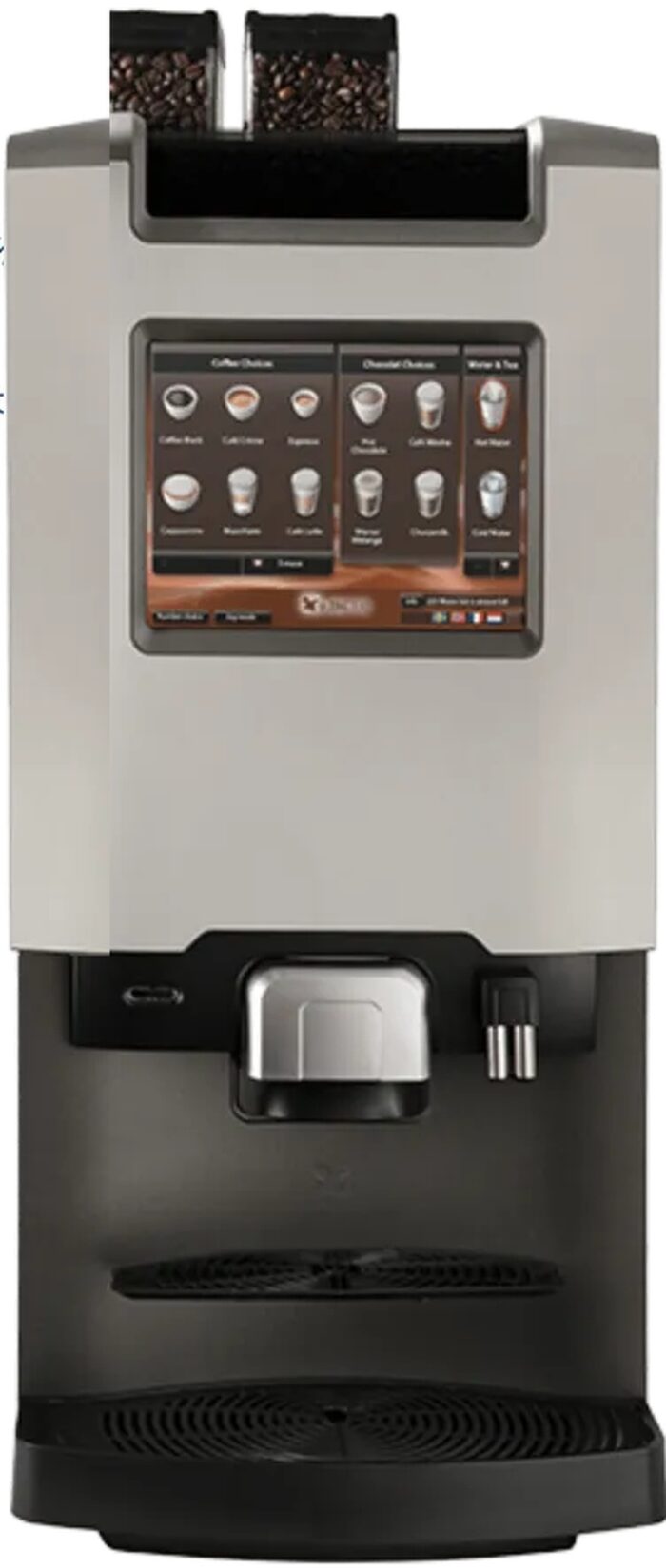 A bean-to-cup office coffee machine with twin bean hoppers and a touch-screen drink menu.